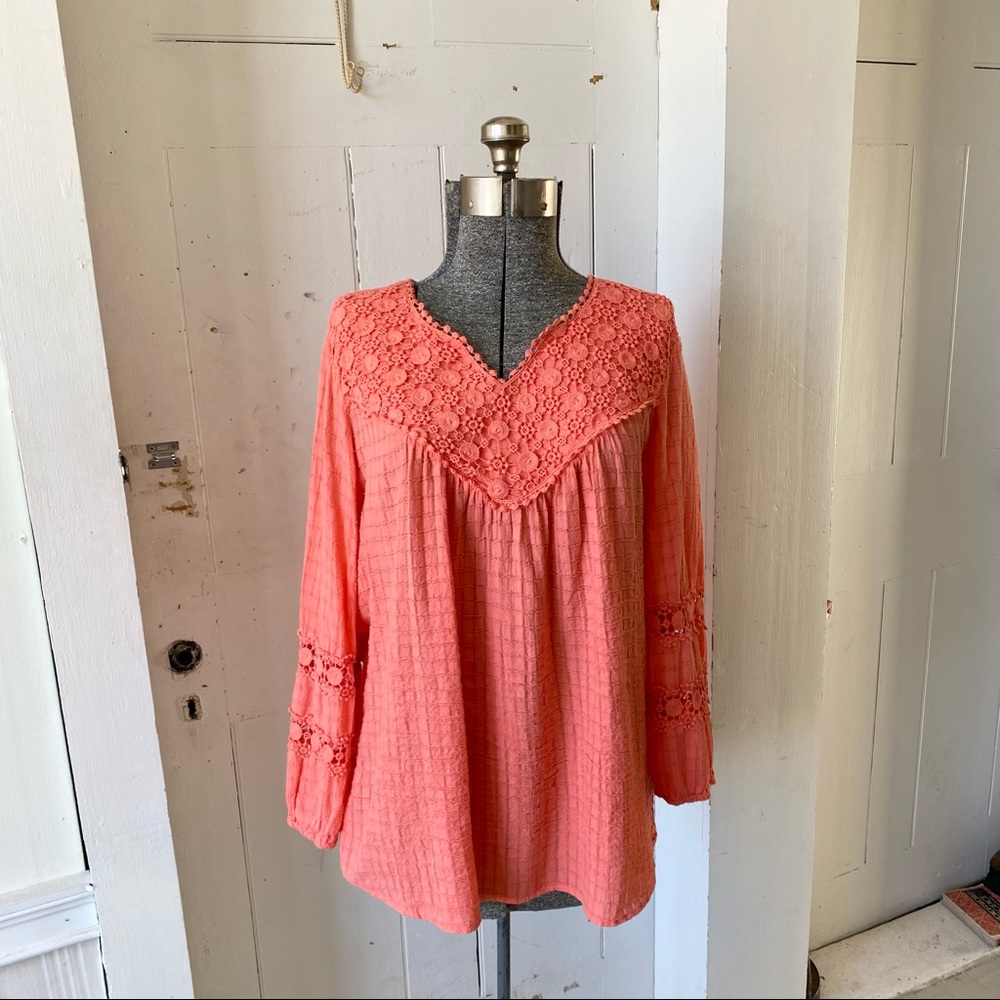 Hannah Melon Cotton Crochet Lace Peasant Boho Blouse Top